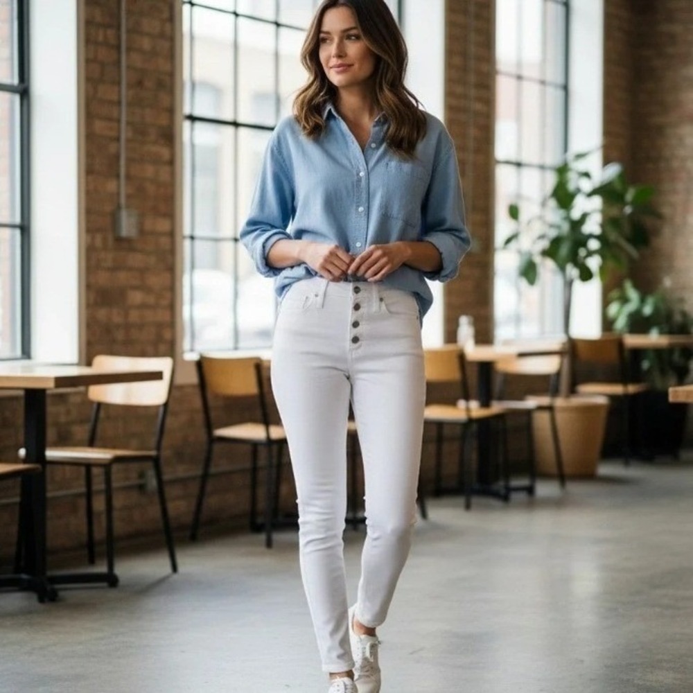 So High Rise Button Fly Ankle Jegging Jeans Women 26 Cream Stretch Raw Hem Denim